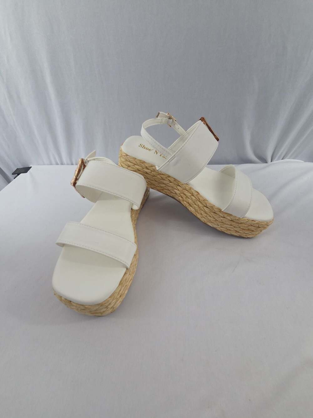 Shoe' N Tale White Platform Espadrille Wedge Sandals with Gold Buckle Details